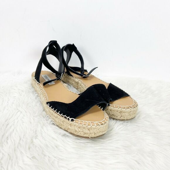 Steve Madden 10 Womens Black Suede Irys Ankle Strap Espadrilled Flats - Picture 1 of 10